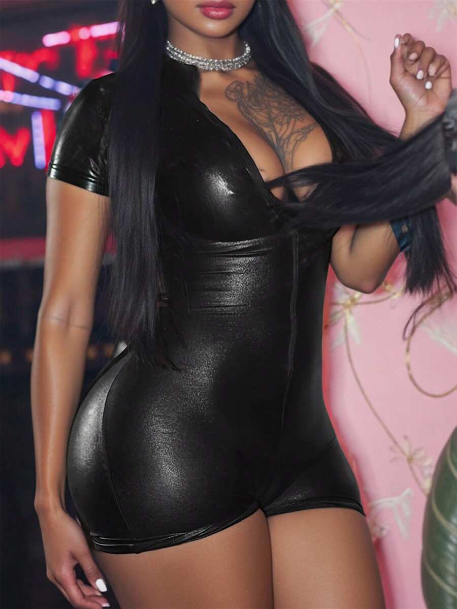 INAWLY Combinaison moulante à manches courtes et zip pour femmes, couleur unie et sexy - Noir - Voir 1