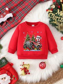 SHEIN Felpa natalizia da ragazzo alla moda, con grafica di Babbo Natale, renne e slogan, in atmosfera natalizia kawaii e carina, adatta per feste di Natale e uscite, morbida e confortevole - Rosso - Visualizzare 4