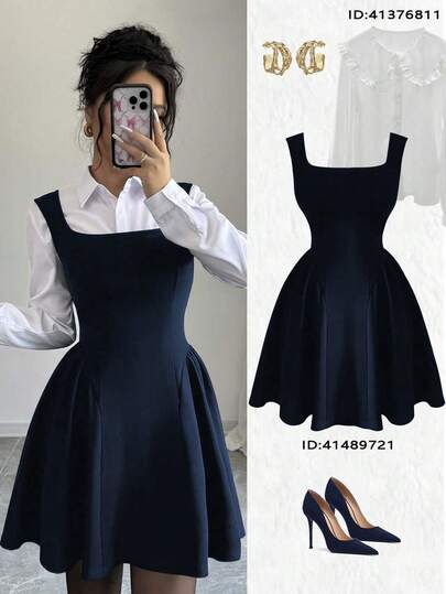 Elenzga Nuevo vestido de mujer, cuello cuadrado sin mangas con línea A y dobladillo fruncido, tela texturizada de alta elasticidad, unicolor, estilo ajustado y juvenil, versátil para ir al trabajo y uso casual, adelgazante en la cintura, adecuado para primavera, verano, otoño e invierno, elegante y refinado vestido italiano