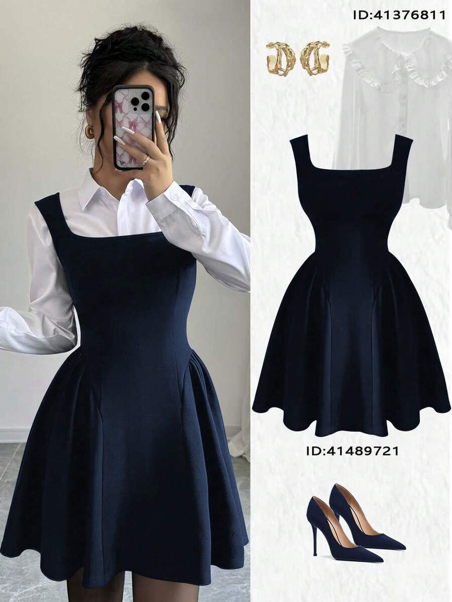 Elenzga Váy nữ mới, cổ vuông không tay dáng chữ A, viền nhún, vải co giãn cao, màu trơn, kiểu dáng trẻ trung, thời trang, mặc đi làm & thường ngày, ôm eo đa năng, phù hợp mặc vào mùa xuân, hè, thu, đông, váy kiểu Ý thanh lịch và tinh tế - Xanh đậm - Xem 1