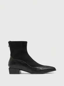 Daringsoles 女式尖头及膝一脚蹬靴，黑色光滑皮革粗跟中筒性感百搭高筒靴 - 黑色 - 查看 8