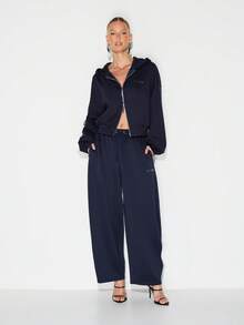 KIZN Quần nỉ ống rộng oversize có dây rút ở eo và túi bên hông cho trang phục mặc nhà thường ngày - Xanh đậm - Xem 3