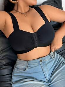 Plus Size Ruched Front Closure Wide Strap Bra - Black - View 5