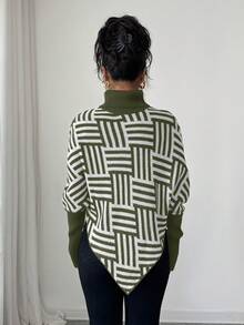 Selianne Women's Elegant High Neck Geometric Textured Poncho Sweater, Colorblock, Suitable For Home & Travel, Spring/Autumn - Army Green - View 2