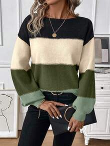 SHEIN LUNE Áo len cổ tròn màu trơn đơn giản cỡ lớn dành cho nữ, Thu/Đông - màu xanh lá - Xem 6
