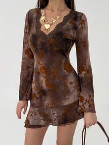 Aloruh Vestido mini de manga larga con estampado minimalista casual y parches de encaje para mujer - Marrón - Ver 7