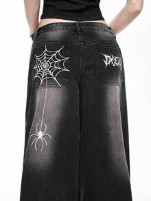 ROMWE Grunge Punk Distressed Spiderweb Embroidered Oversized Flare Women Jeans - Black - View 6