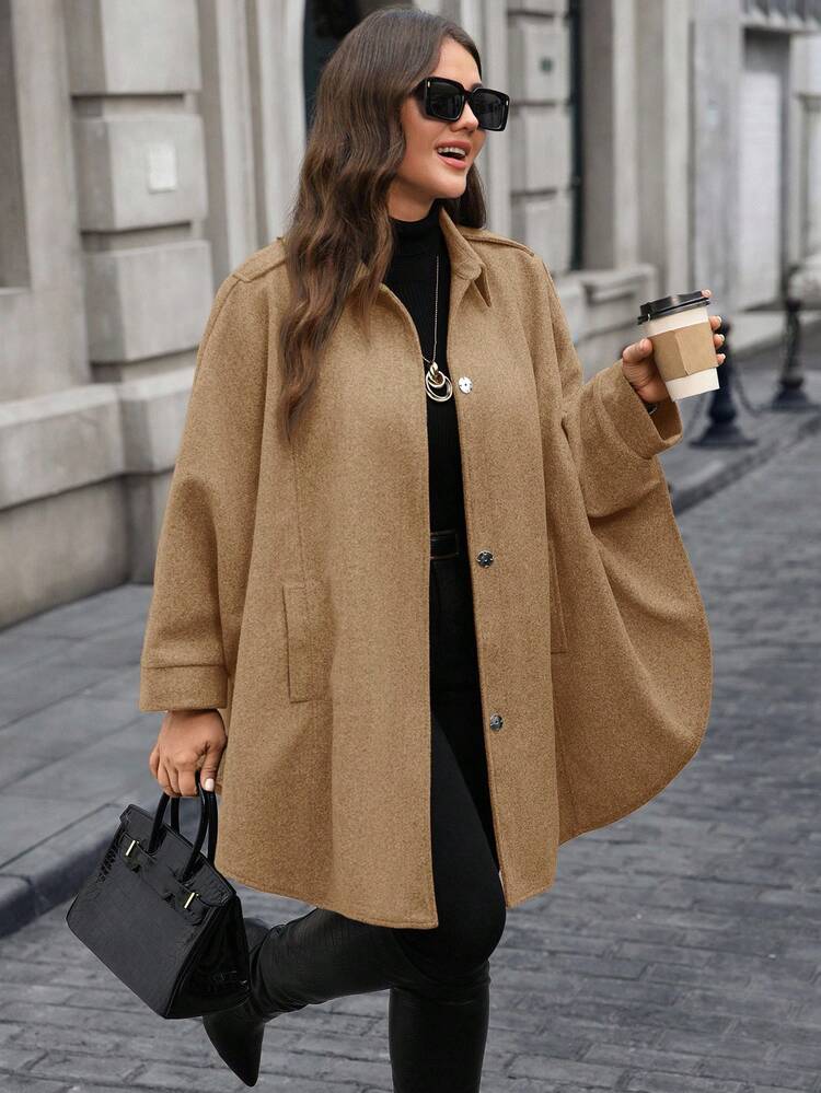 EMERY ROSE Plus Size Elegant Commuter Solid Color Batwing Sleeve Overcoat/Winter - Khaki - View 4