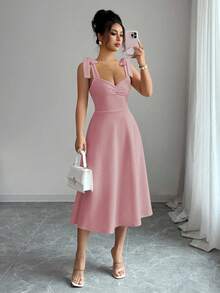 Selianne 无袖系带收腰A字型优雅浪漫女士连衣裙 - 藕粉色 - 查看 5