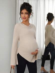 SHEIN 孕妇高领喇叭袖不对称下摆抽绳T恤，女士秋冬服装 - 杏色 - 查看 7