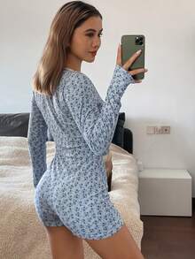 Livesso Bộ đồ liền thân ngắn họa tiết hoa Ditsy dành cho nữ, dành cho mùa thu và mùa đông - Màu xanh lam - Xem 2