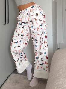 DAZY Dog Print Fleece Patchwork Design Cozy Winter Loose Women Fluffy Sleep Bottoms - White - View 6