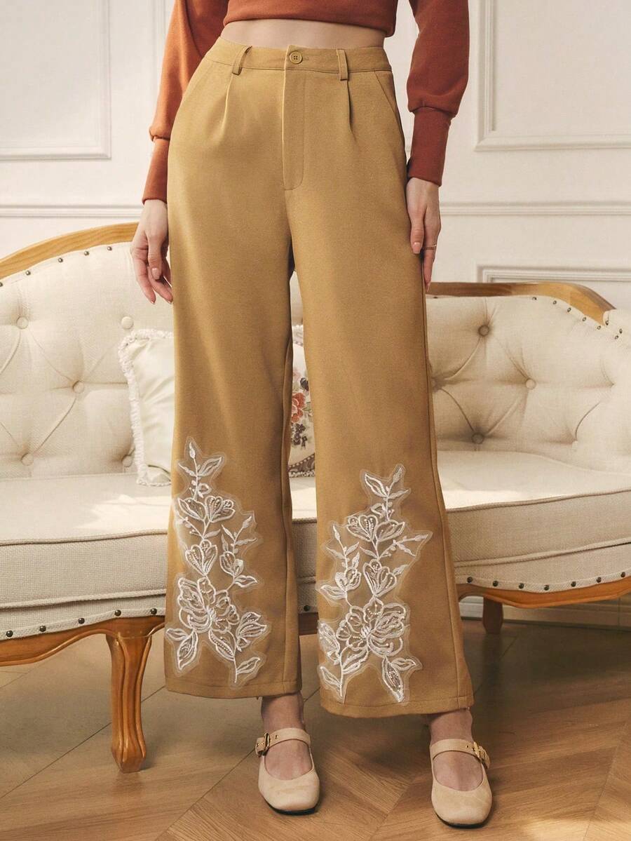 SHEIN Clasi Women's White Autumn Elegant Flowy Office Winter Party Pants,Elegant Pants With Exquisite Applique Craftsmanship,Suitable For Dates,Parties,Christmas - Khaki - View 1