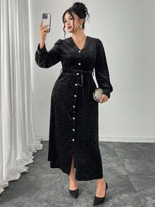 Modelyn 女式V领灯笼袖天鹅绒压花优雅高端派对加大码连衣裙 - 黑色 - 查看 4
