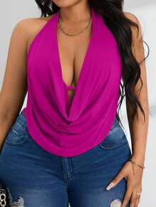 SHEIN PETITE CURVE Body cu imprimeu halter, drapat în față, fără spate, pentru femei, mărime mare - Violet - Vizualizare 4