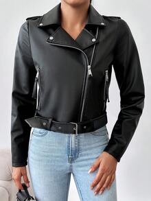 SHEIN Cottnline Women's Fashionable Belted Cropped Jacket, Autumn - Black - View 2