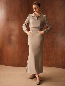 MOTF PREMIUM 罗纹长袖上衣和鱼尾裙 - 卡其色 - 查看 5