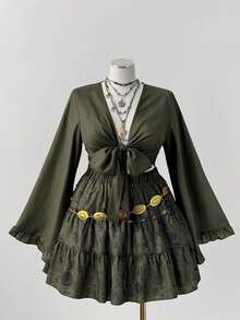 Sunspun 两件套：森林绿刺绣编织上衣搭配编织半裙，初秋 - 軍綠色 - 查看 5