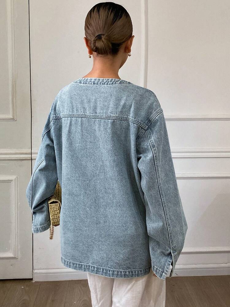 Women's Casual Washed Denim Shirt With Dual Pockets And Front Tie, Long Sleeve, Autumn