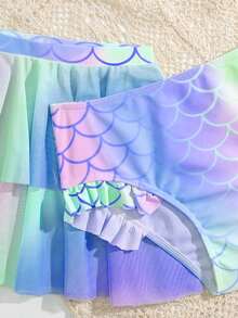 Tween Girls' Summer Beach Mermaid Scale Print 3 PiecesBikini Set Two Piece Tween Vacay Tween Swimsuits Sea Shells Girls Swim Skirt Set Tween Two Piece Summer Tween Swimsuits Sea Shells With Skirt Summer Two Piece Set Tween