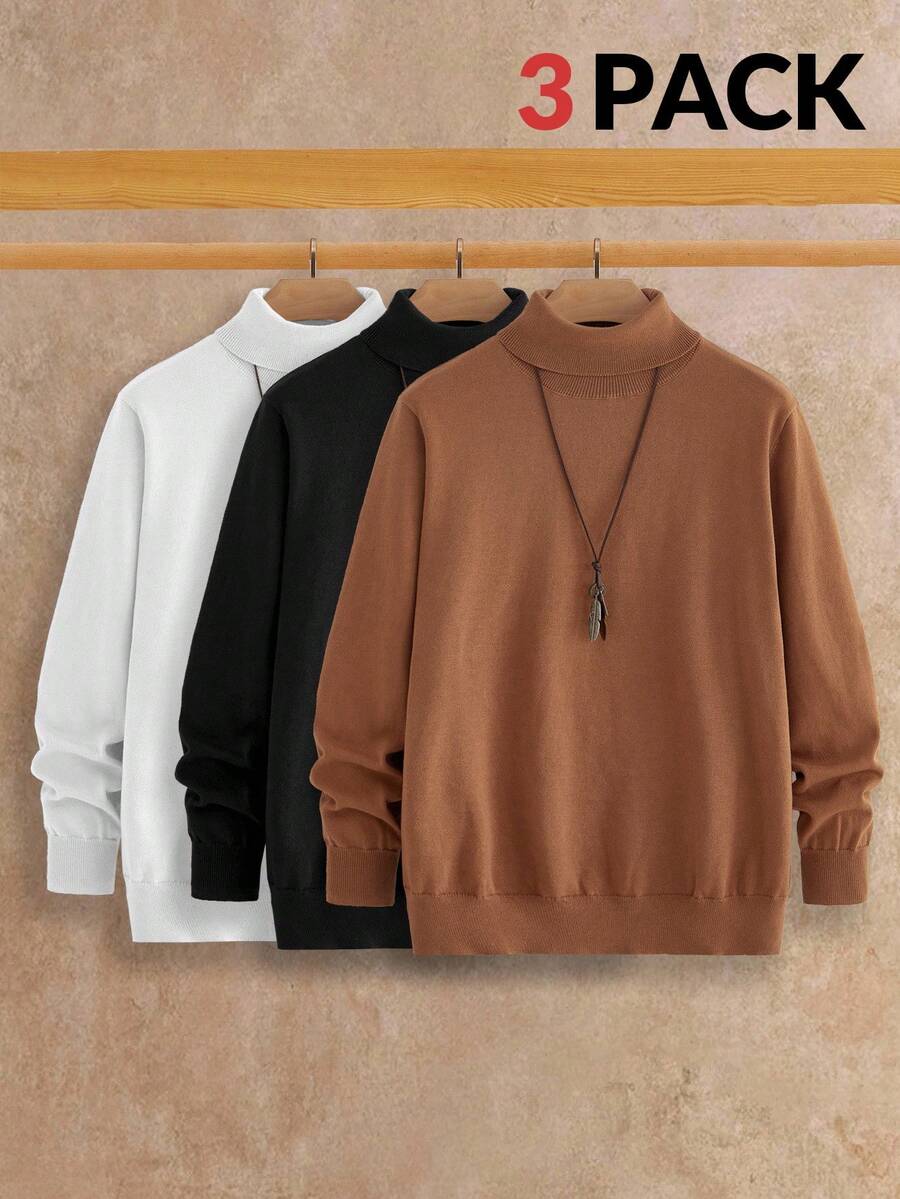 HIMLAND 3pcs/Set Men's Crew Neck Basic Solid Color Pullover Sweaters Men Sweater Top Men Turtleneck Pullovers Sweater Plain Sweater, Fall Winter Clothes