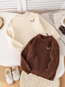SHEIN 2pcs Young Boys' Brown & Khaki Textured Loose Fit Pullover Sweaters, Versatile For Back To School, Thanksgiving, Christmas, Winter, Cozy Fall & Winter Styles, Long Sleeve Tops - Apricot - View 4