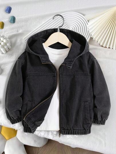SHEIN 1pc Young Girl Black Long Sleeve Hooded Zip-Up Denim Jacket, Fashionable Casual Daily Wear, School, Party, Vacation, Classic Black Metal Zipper Elastic Cuffs And Hem Relaxed Fit Denim Jacket, Comfortable And Free. Whether For School, Park Play, Or Family Gatherings, This Will Make The Little Princess The Center Of Attention