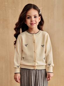 SHEIN Apricot Knitwear Cardigan With Embroidered Bow Details And Round Neck For Cute Style Warm And Soft For Autumn School Clothes Go Out, Party,Daily Wear Fall Winter - Apricot - View 4