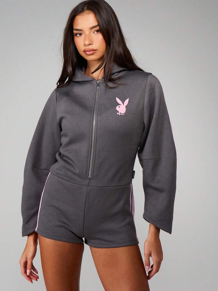 Missguided x Playboy Hooded Zip Up Romper With Logo For Casual Loungewear And Weekend Comfort