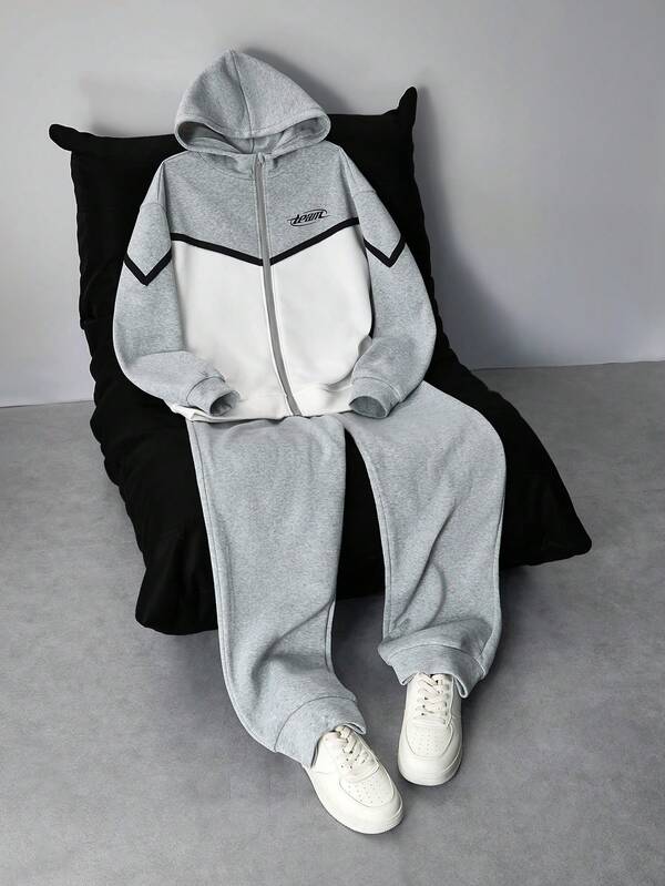 SHEIN 两件套青少年男童休闲日常撞色连帽卫衣和宽松运动裤套装，适合生日派对、晚宴、演出、婚礼、洗礼、开幕式等场合，日常穿着舒适，适合上学、旅行和运动，秋冬季款式，舒适百搭。