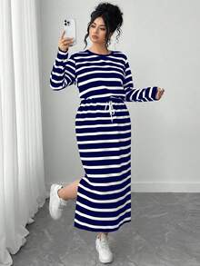 Elenzga 大码女式休闲通勤条纹长袖连衣裙 - 藍色 - 查看 3