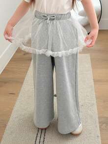 Dazy Kids 年轻女孩抽绳腰部撞色网眼荷叶边下摆宽松裤，女孩夏季服装 - 灰色 - 查看 4