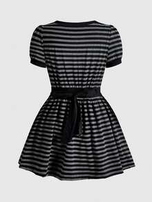 ROMWE Spring/SummercasualKawaii College Style Striped Puff Sleeve A-Line Mini Dress - Black - View 2