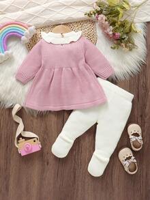 2pcs Baby Girl Outfit: Ruffled Collar Embroidered Sweater Dress + Casual Leggings, Cute & Minimalist Style Baby Set Autumn Winter Season Baby Girl Long Sleeve Outfit Baby Girl Knitted Outfit Baby Girl Knitted Outfits Baby Girl Winter Clothes Set Baby Girl Knitted Outfit Jumpsuit For Baby Girl Elegant Newborn Romper With Bow Baby Knit Jumpsuit Pink Bow Baby Outfit Baby Knitted Outfit Baby Set Autumn Winter Season Vintage Winter Baby Clothes Newborn Sweater Romper Neutral Baby Clothes Unisex - Pink - View 2