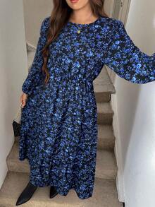 SHEIN LUNE Đầm thường ngày cổ tròn tay đèn lồng in họa tiết hoa toàn thân cho nữ cỡ lớn - màu đen - Xem 7