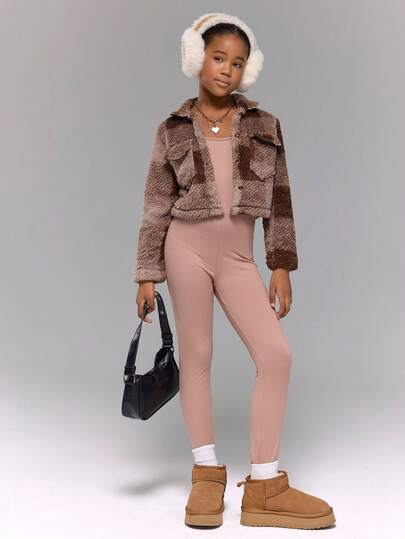 Tween Mädchen Casual Plaid Fleece Collar Short Jacket + Jumpsuit Herbst/Winter Outfit