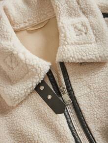 Anewsta Áo khoác ngắn rộng rãi chất liệu vải nỉ dày và giả da chắp vá - Màu be - Xem 4