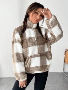 SHEIN EZwear Buffalo Plaid Print Half Zip Drop Shoulder Teddy Sweatshirt,Long Sleeve Tops In Fall/Winter