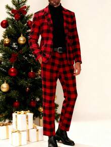 Manfinity Mode Men's Plaid Suit 2 Piece Set,Red And Black Lapel Long Sleeve Jacket And Pants,Summer Elegant Outfit For Dinner,Evening Party,Birthday,Christmas Gift - Burgundy - View 5