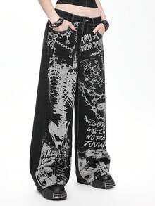 ROMWE Goth 女士宽松阔腿牛仔裤，饰有朋克哥特式骷髅、十字架、蜘蛛网和链条印花 - 黑色 - 查看 5