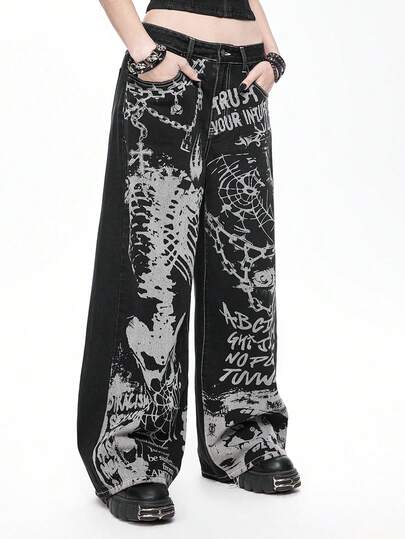 Jeans larges et amples pour femmes avec imprimé gothique punk de squelette, croix, toile d'araignée et chaîne