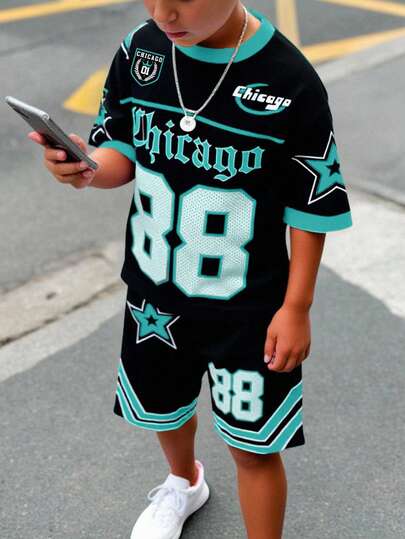 SHEIN 2pcs Tween Boy Casual Classic Cool Baseball Sports Style, No.88, Gothic Chicago Text, Star Print Short Sleeve Crew Neck T-Shirt And Shorts Set, Suitable For Summer