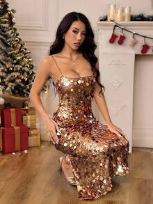 SHEIN PETITE 女士性感露背亮片细肩带鸡尾酒会礼服，优雅正式礼服，适合夜总会、派对、节日活动、圣诞节 - 金色 - 查看 8