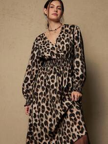 SHEIN VCAY Plus Size Leopard Print Wrap Around Long Sleeve Cinched Waist Dress, Elegant - Black - View 3