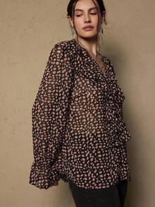 Freevana Plus Size Elegant Vintage Polka Dot Black Ruffle Collar Long Sleeve Blouse - Black - View 6