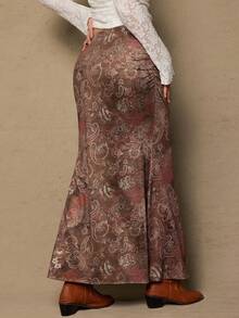 Freevana 大码女式休闲度假风佩斯利印花低腰鱼尾裙 - 卡其色 - 查看 6