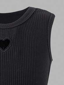 Sweetra Camiseta sin mangas de unicolor versátil y cómoda con bordado de corazón hueco de moda casual para niñas en verano - Negro - Ver 3