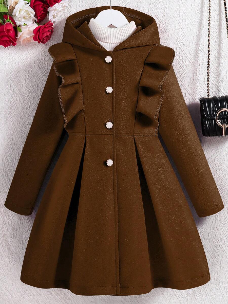 SHEIN Tween Girls Red Ruffle Trim Long Sleeve Casual Hooded Single-Breasted Overcoat - Coffee Brown - View 1