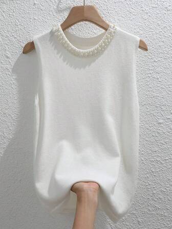 SHEIN Privé 女士优雅仿珍珠装饰圆领毛衣背心