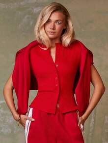 Athîral 女式休闲红色单排扣短袖修身衬衫